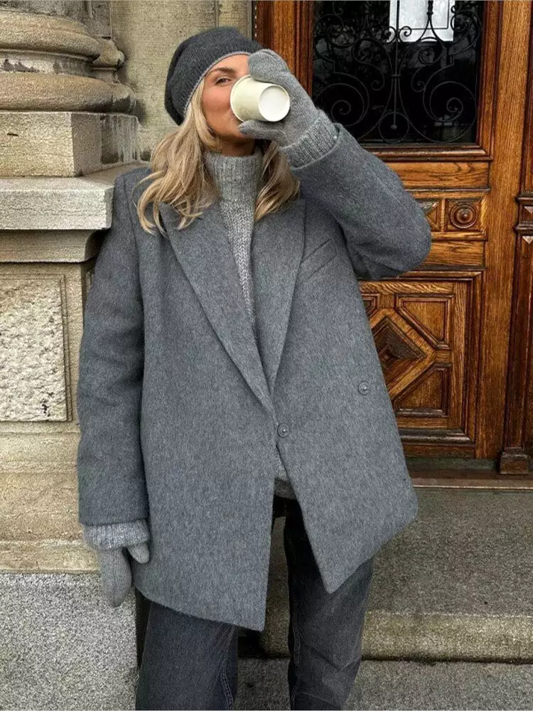 2023 New Grey Thicken Woolen Overcoat Autumn Winter Fashion Long Sleeve Pocket Jackets Female Stylish Street Casual Coat