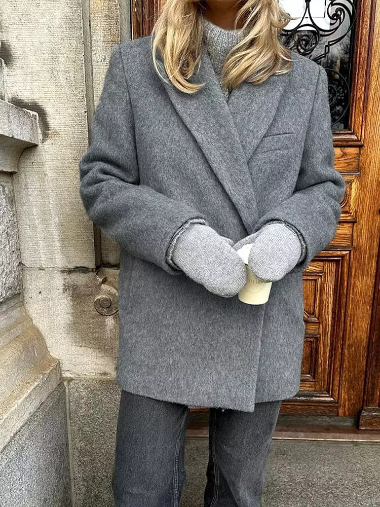 2023 New Grey Thicken Woolen Overcoat Autumn Winter Fashion Long Sleeve Pocket Jackets Female Stylish Street Casual Coat