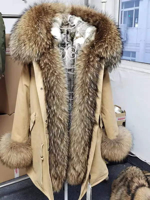 2023 Real Natural Raccoon Big Fox Fur Collar Parkas Long Female Winter Rabbit Lining Inner Jacket Fur Coat Outerwear