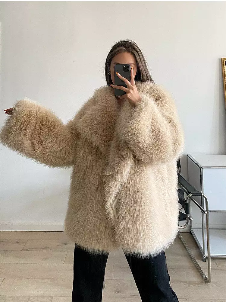 2023 Winter Warm Coat Women Mid Length Lapel Loose Faux Fox Fur Coat