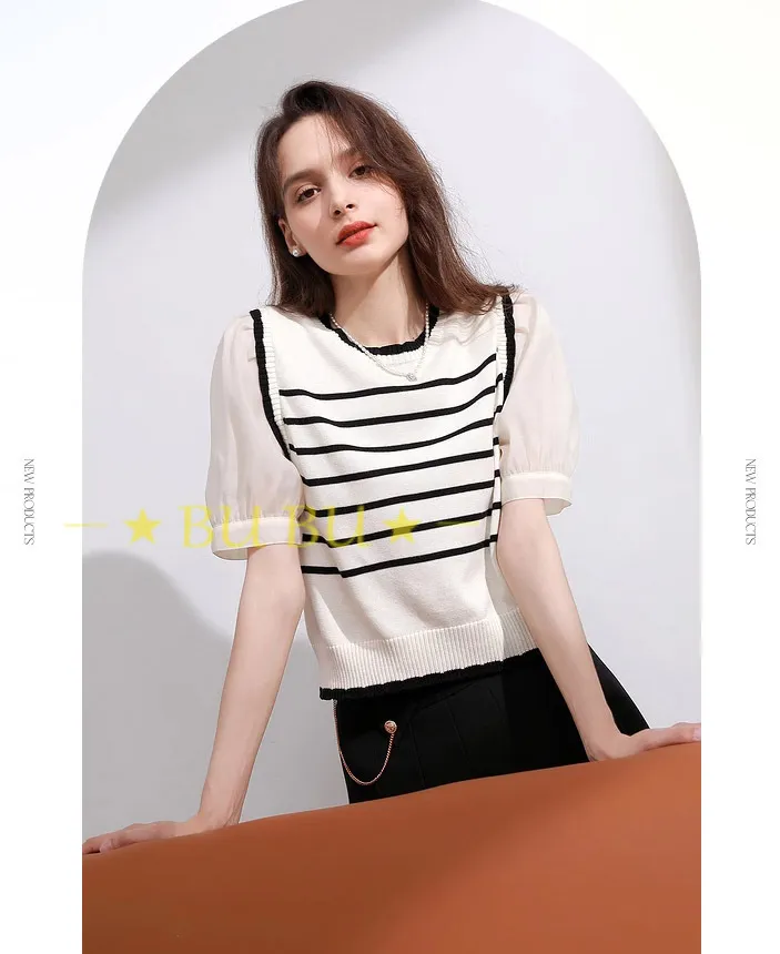 3COLOUR  |Crew Neck Stripes Casual Style Blended Fabrics Short Sleeves