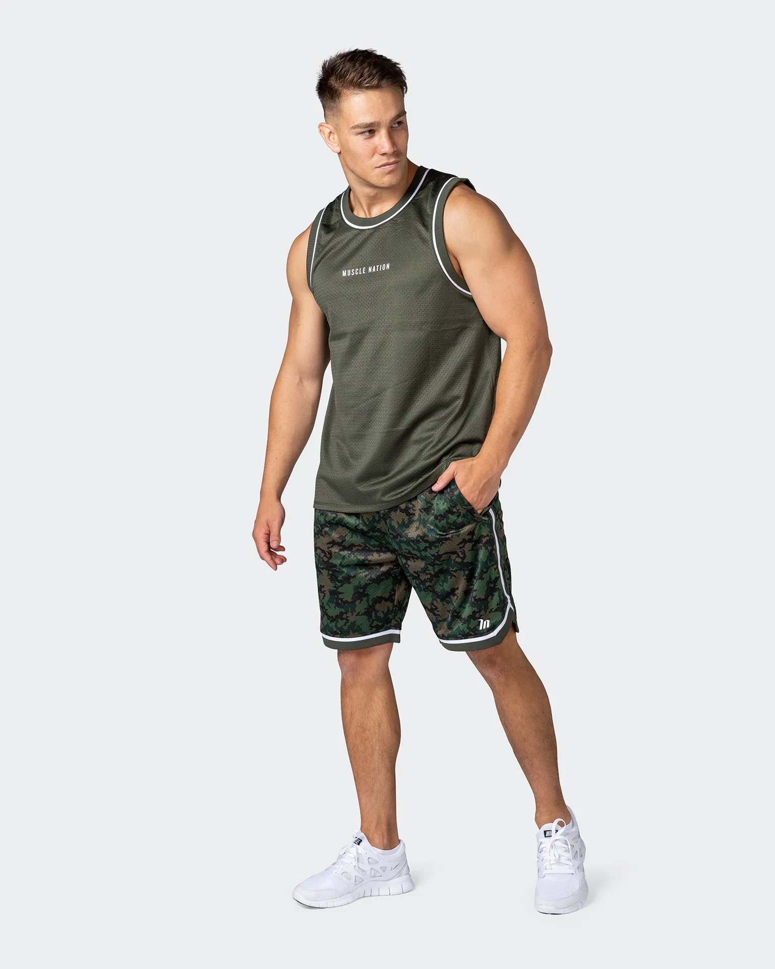 8 Basketball Shorts - Dark Khaki Camo Print