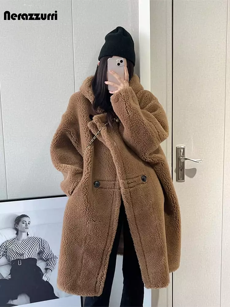 Ashore shop Autumn Winter Long Oversized Brown White Blue Thick Warm Soft Teddy Coat Women with Hood Stylish Faux Fur OverCoat 2