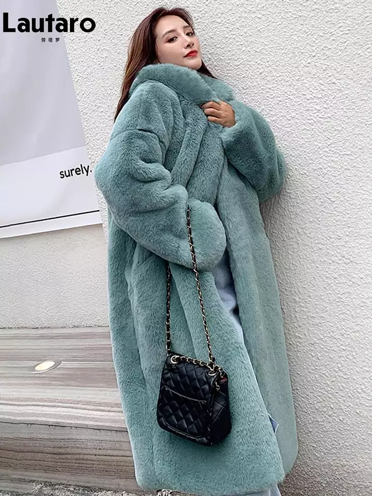 Ashore Shop Winter Long Loose Casual Windproof Soft Thick Warm Fluffy Green Black Faux Fur Coat Women with Hood Furry Overcoat 2