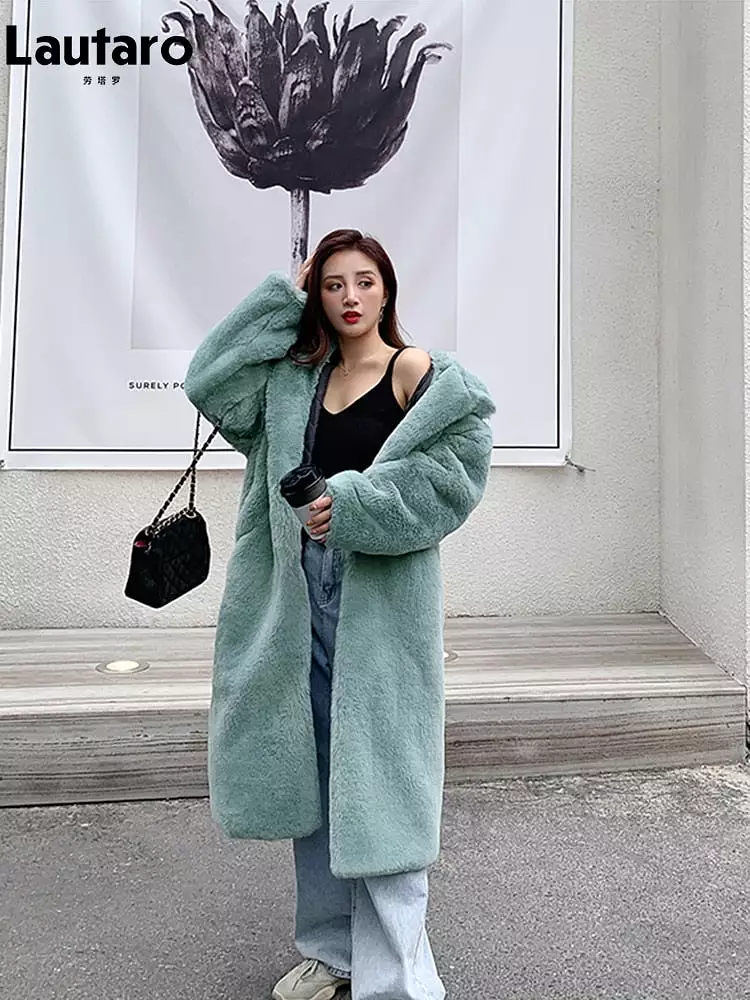 Ashore Shop Winter Long Loose Casual Windproof Soft Thick Warm Fluffy Green Black Faux Fur Coat Women with Hood Furry Overcoat 2