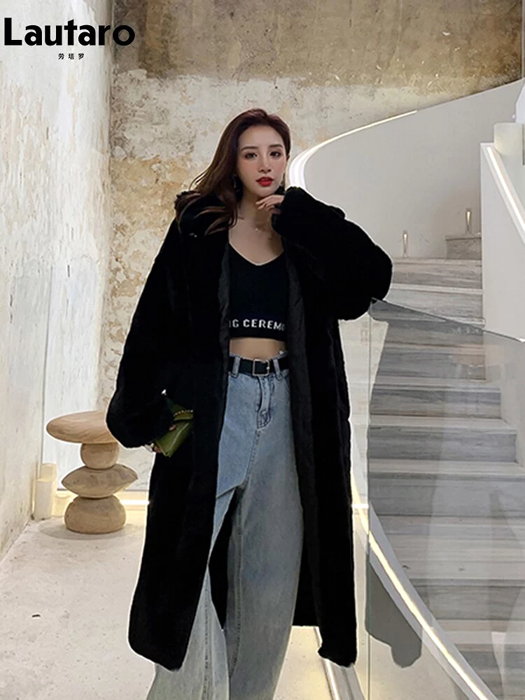 Ashore Shop Winter Long Loose Casual Windproof Soft Thick Warm Fluffy Green Black Faux Fur Coat Women with Hood Furry Overcoat 2