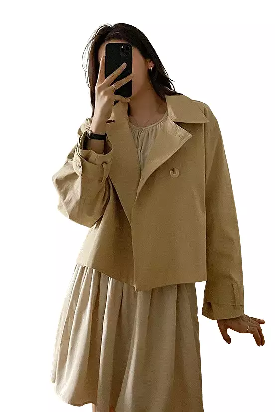 Beige Short Cropped Classic Double Breasted Trench Coats For Womens 100% Cotton Korean Clothing Clothes Outerwear Loose Fitted S