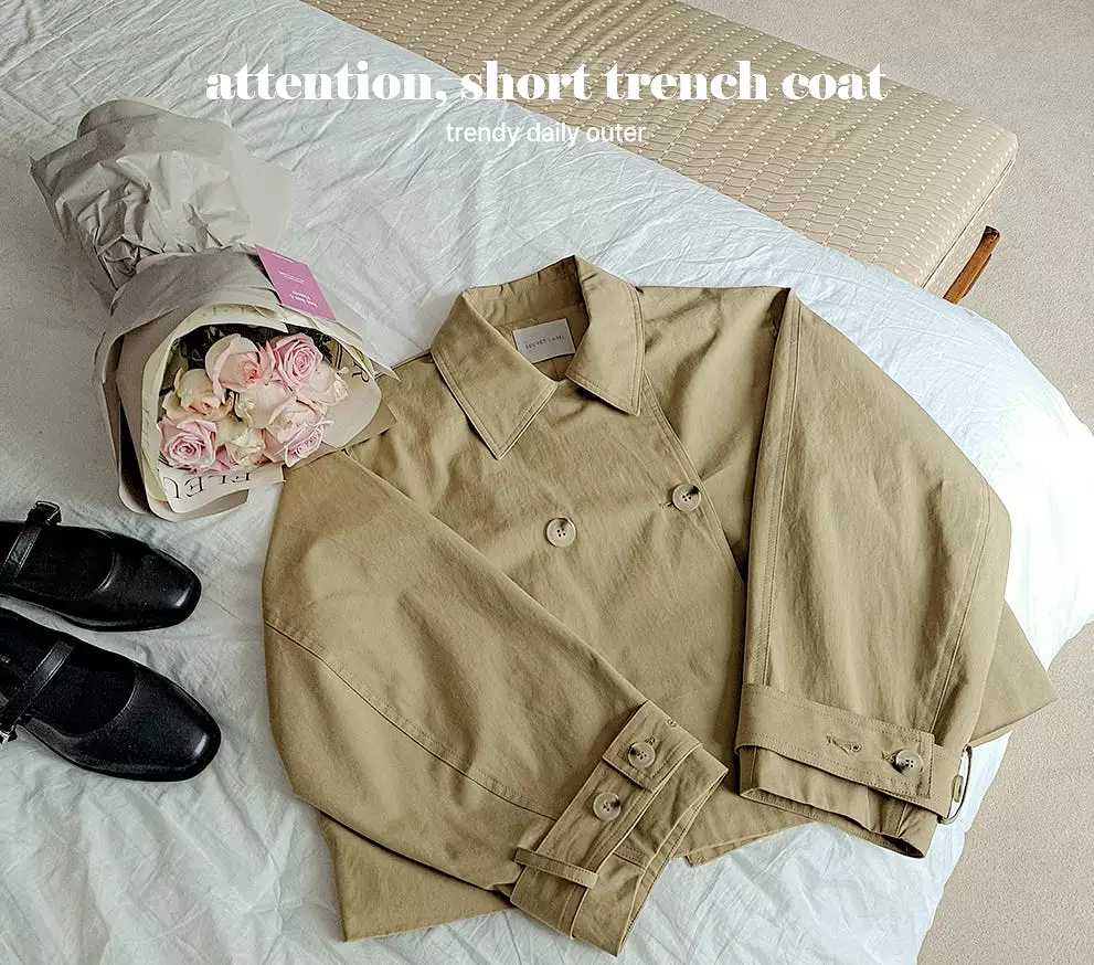 Beige Short Cropped Classic Double Breasted Trench Coats For Womens 100% Cotton Korean Clothing Clothes Outerwear Loose Fitted S