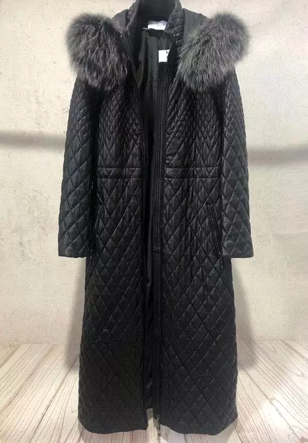 Black Long Leather Coat With Fox Fur Hoodie