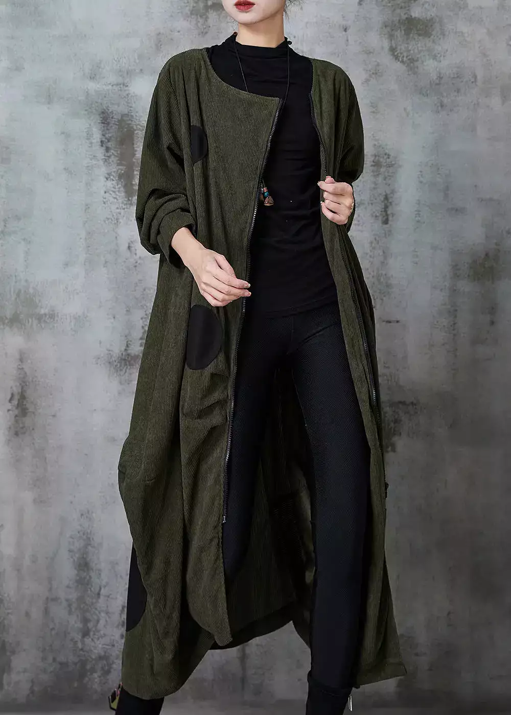 Blackish Green Dot Cotton Trench Coat Asymmetrical Spring JK1051