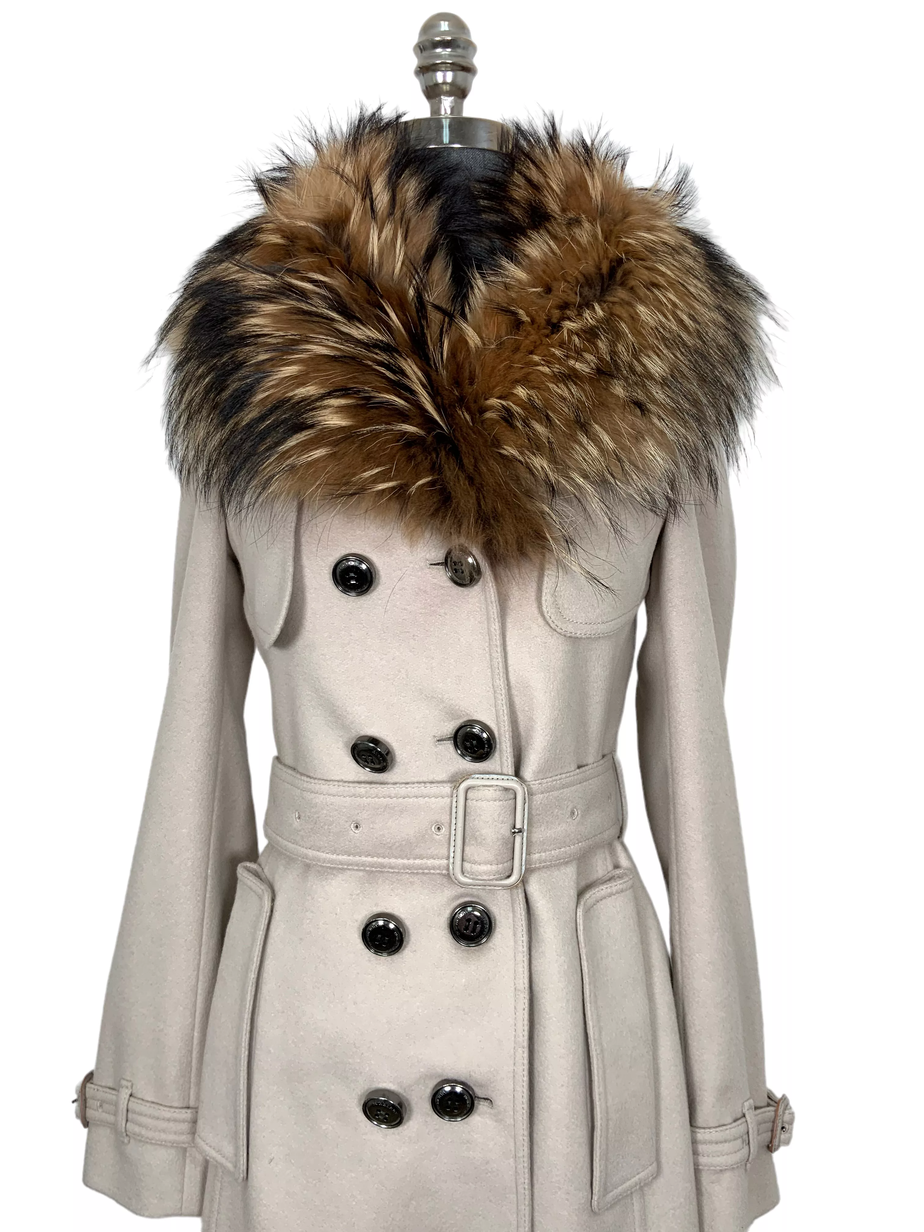 Burberry Kensington Cashmere Fur Detail Trench Coat Size S