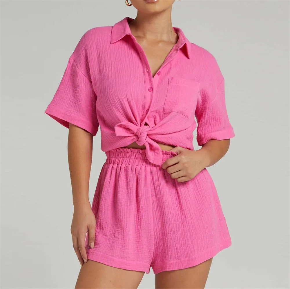 Casual Lapel Cotton Shirt & Short  2 Piece Set