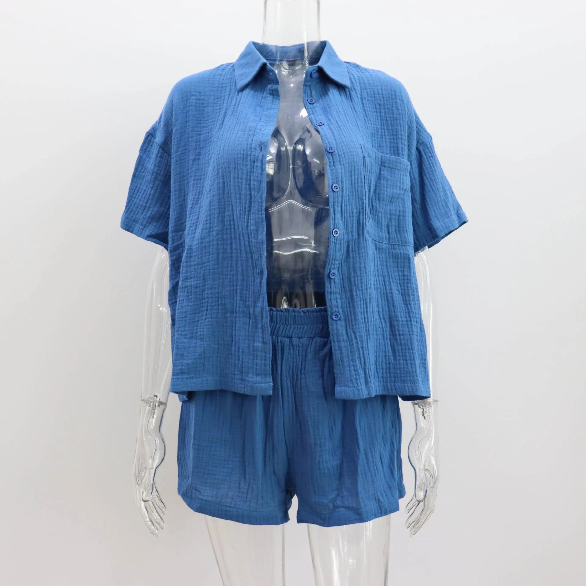 Casual Lapel Cotton Shirt & Short  2 Piece Set