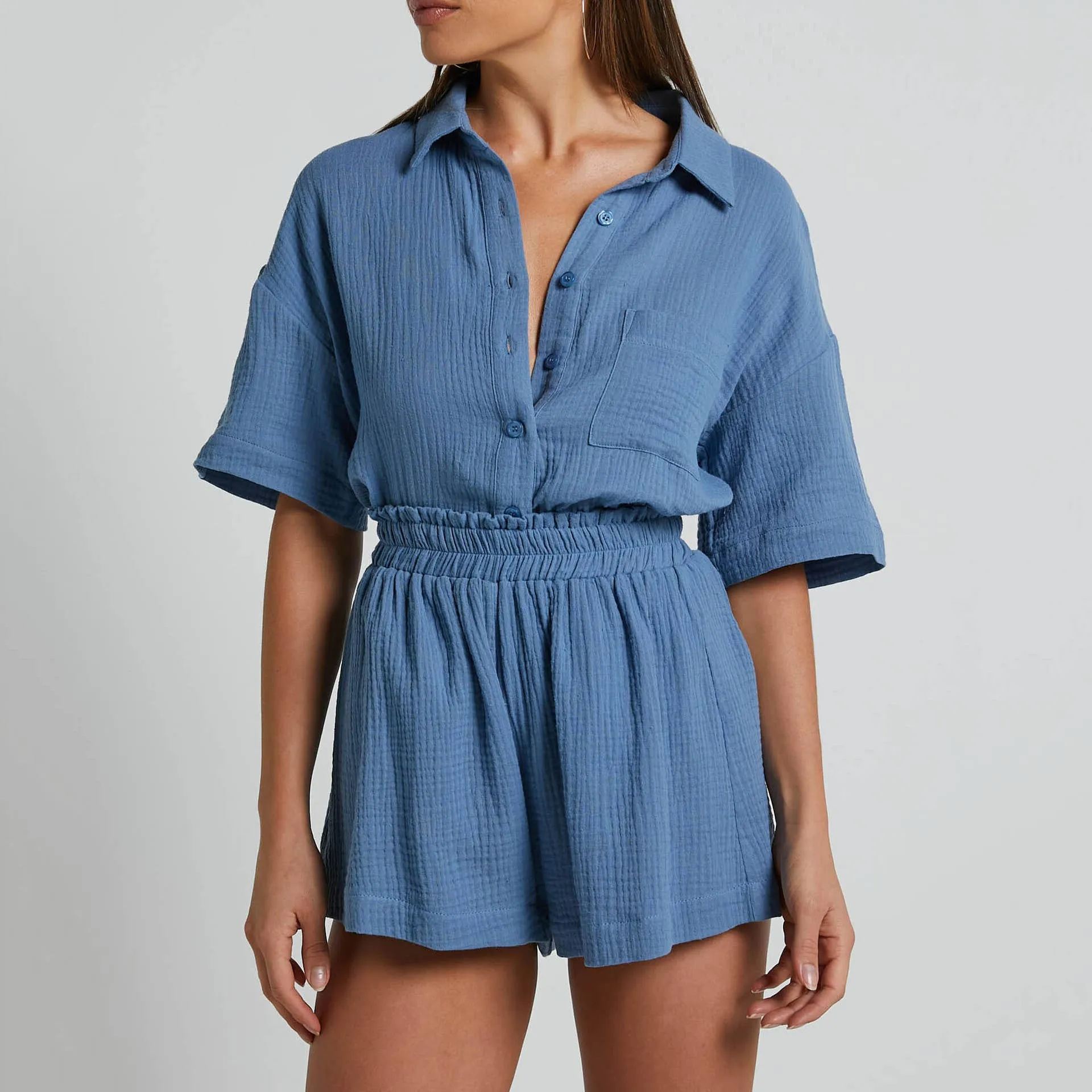 Casual Lapel Cotton Shirt & Short  2 Piece Set