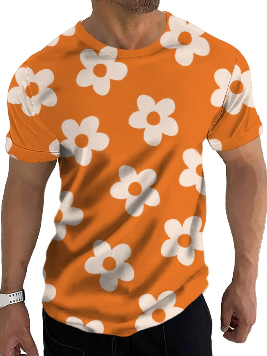 Casual Orange Flower Print Short Sleeve T-Shirt