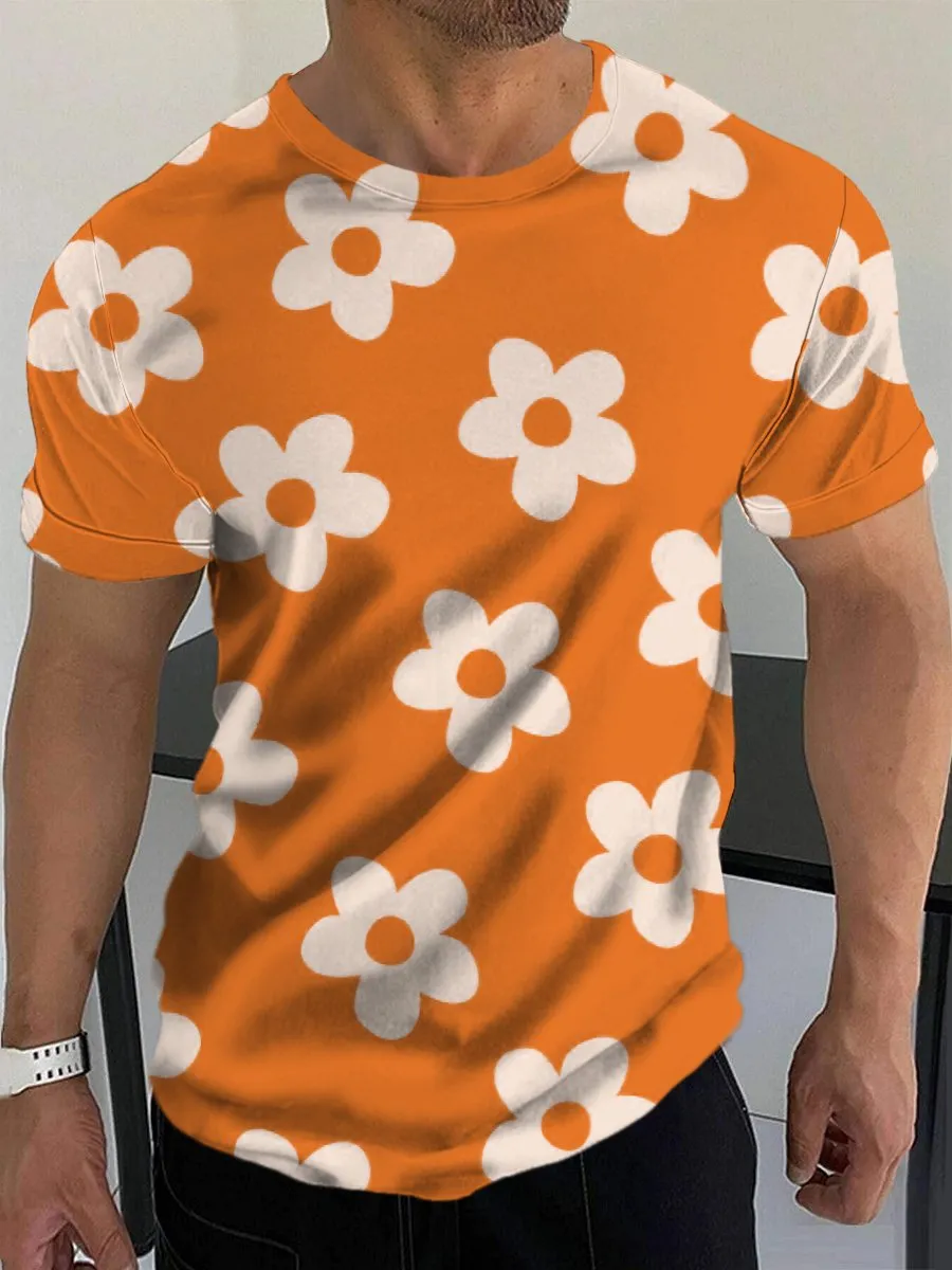 Casual Orange Flower Print Short Sleeve T-Shirt