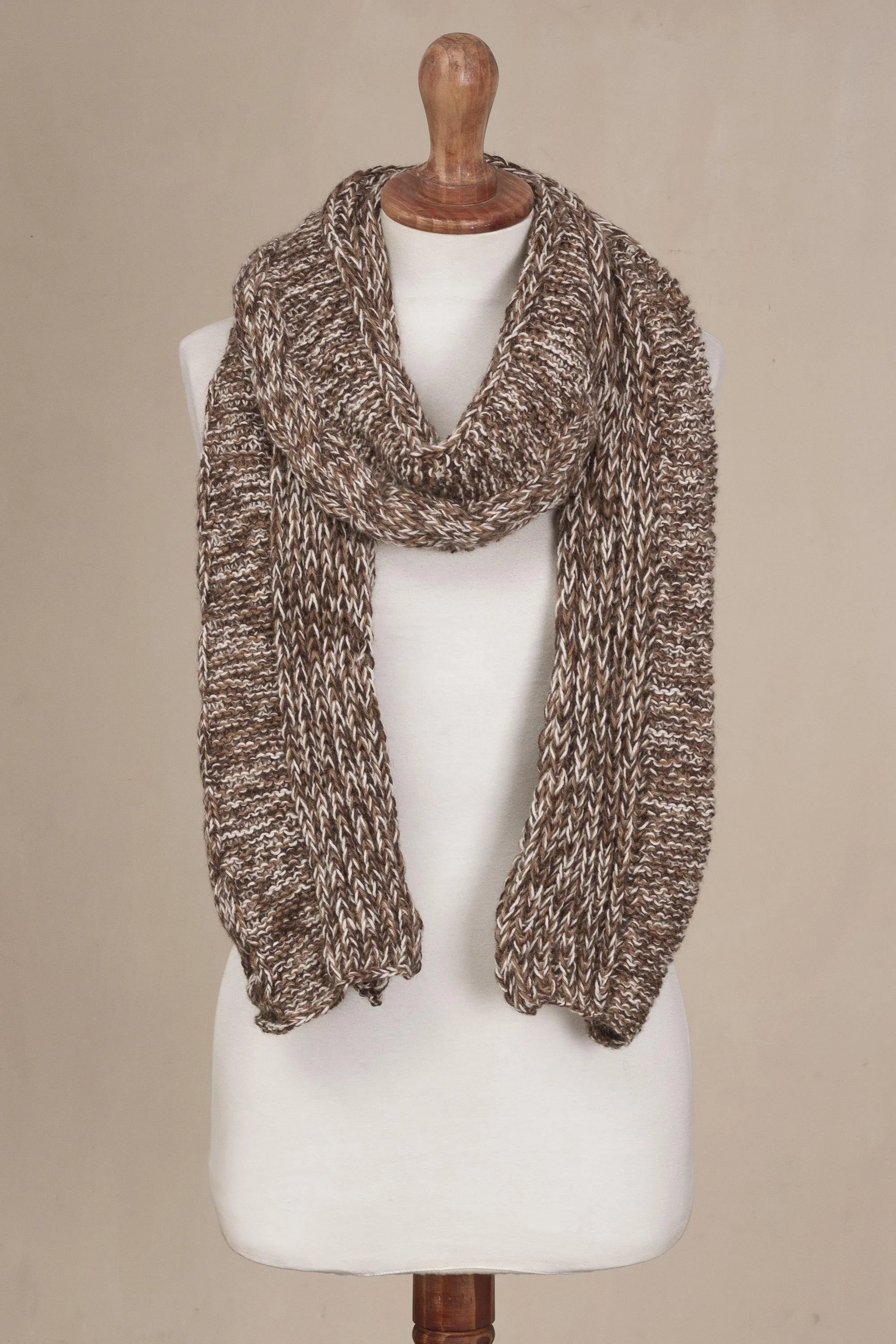 Chocolate River Brown and White 100% Alpaca Hand Knit Cable Stitch Scarf