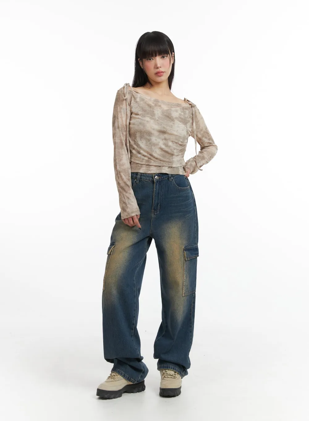 Denim High Waist Wide Leg Pocket Cargo Jeans IJ411