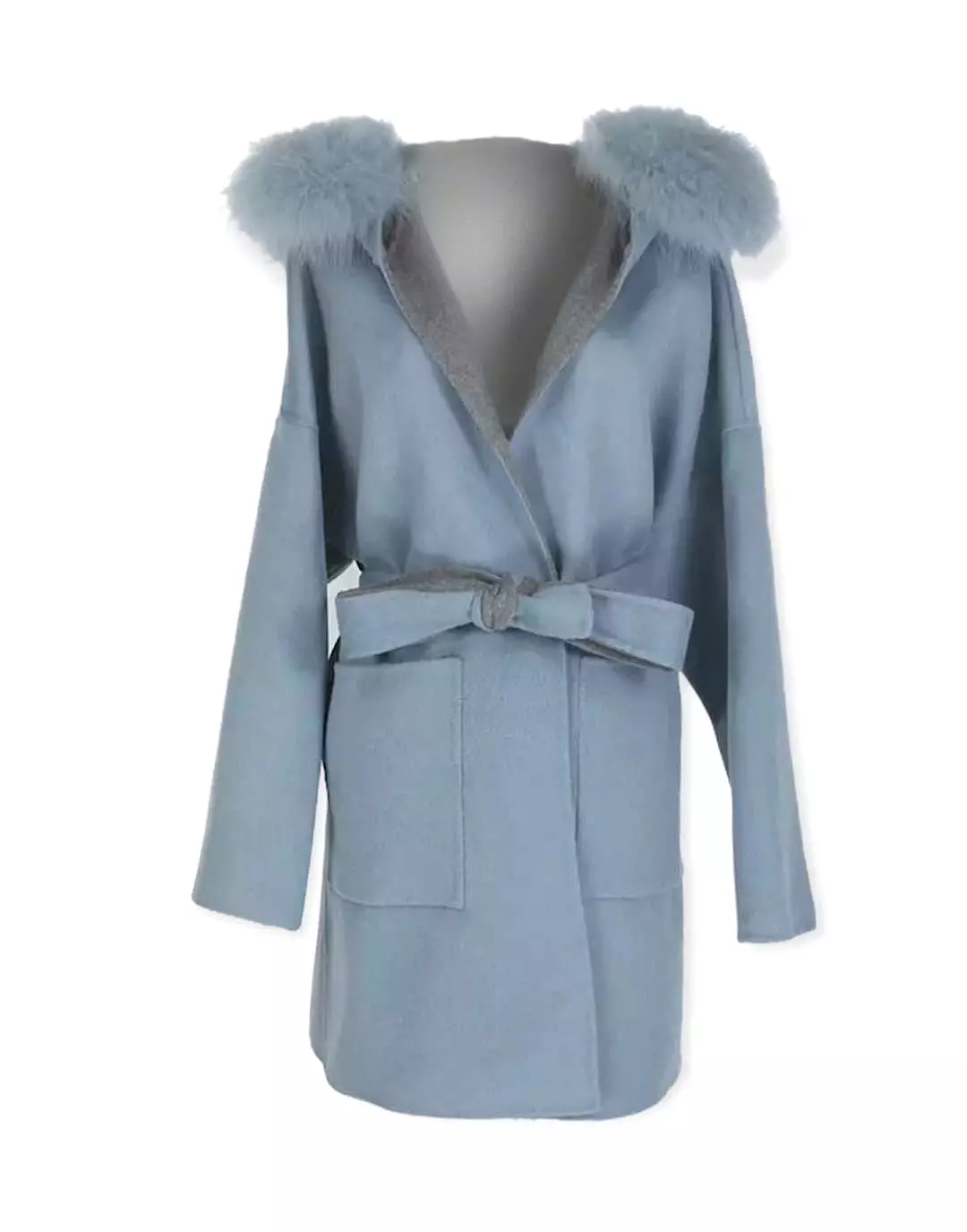 Double Faced Belted Wool Cashmere Coat With Fur Hoodie