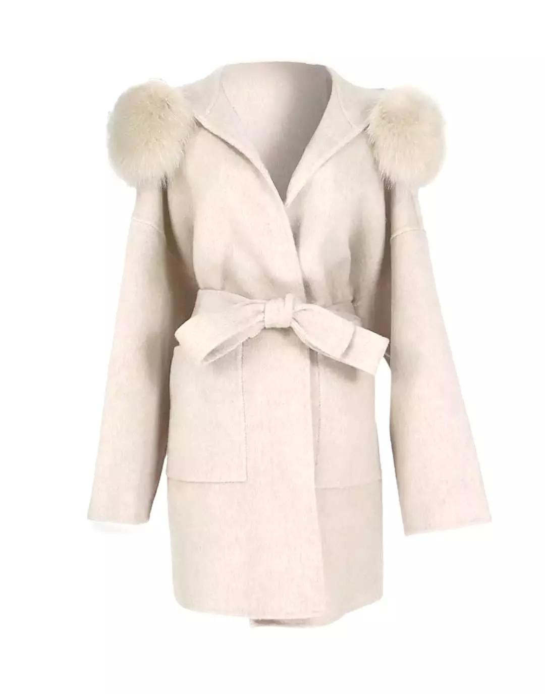 Double Faced Belted Wool Cashmere Coat With Fur Hoodie