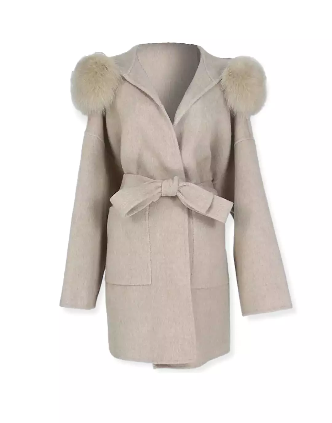 Double Faced Belted Wool Cashmere Coat With Fur Hoodie