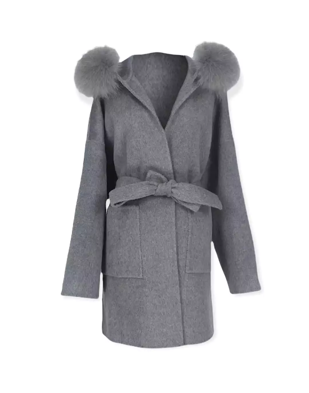 Double Faced Belted Wool Cashmere Coat With Fur Hoodie