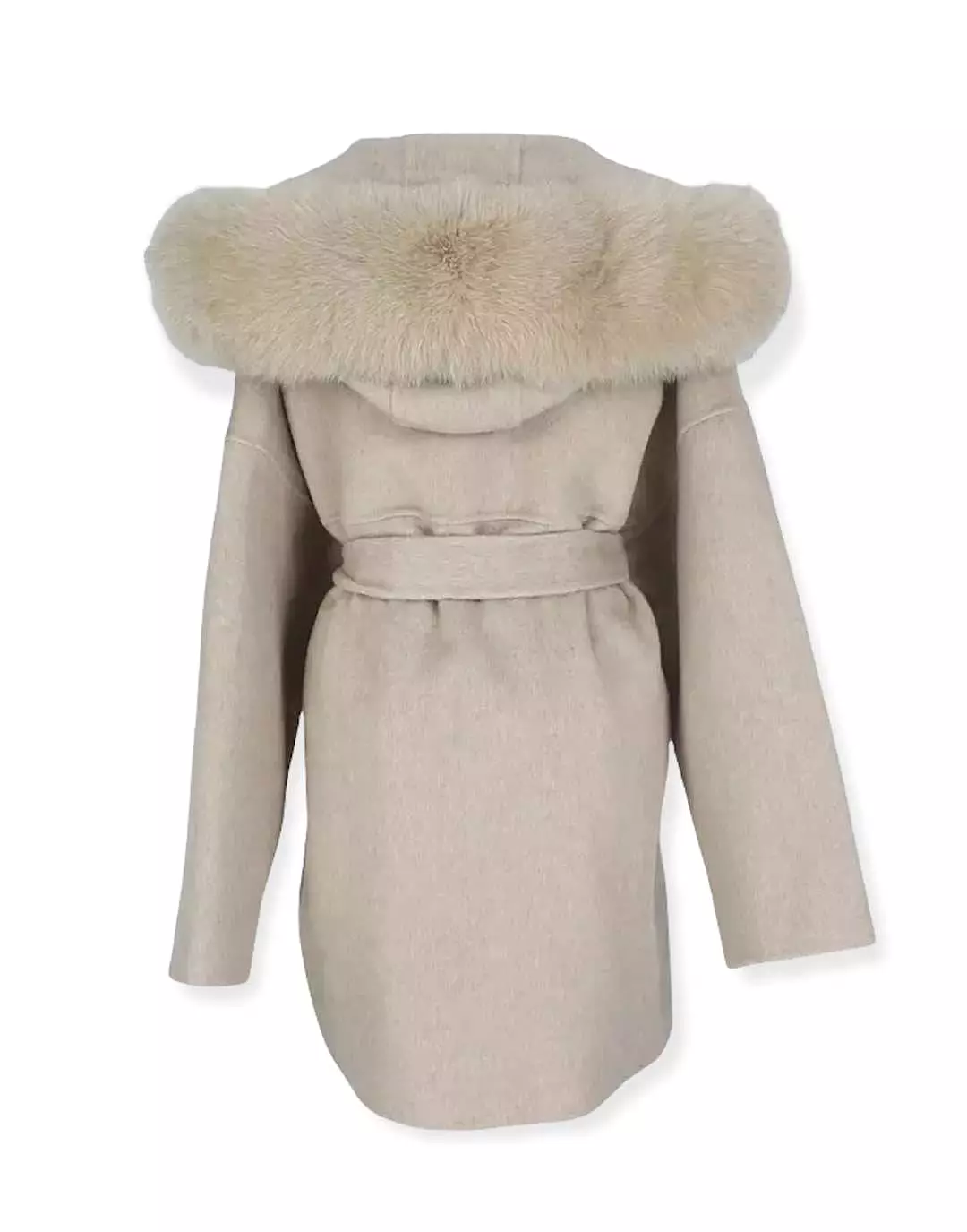 Double Faced Belted Wool Cashmere Coat With Fur Hoodie