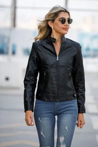 Exclusive New  Women's Slim Motorcycle Thin Spring And Autumn Plus Size Stand Collar Leather Coat Jacket