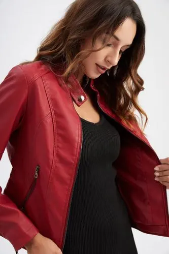 Exclusive New  Women's Slim Motorcycle Thin Spring And Autumn Plus Size Stand Collar Leather Coat Jacket