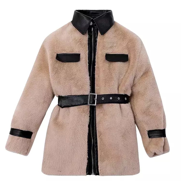 Faux Fur Pu Leather Trimmed Coat