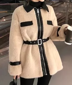 Faux Fur Pu Leather Trimmed Coat