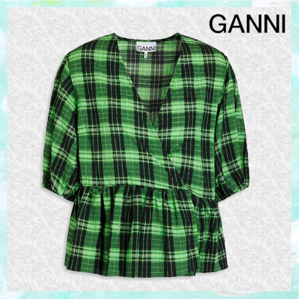 Ganni  |Tartan Casual Style Nylon Cotton Short Sleeves