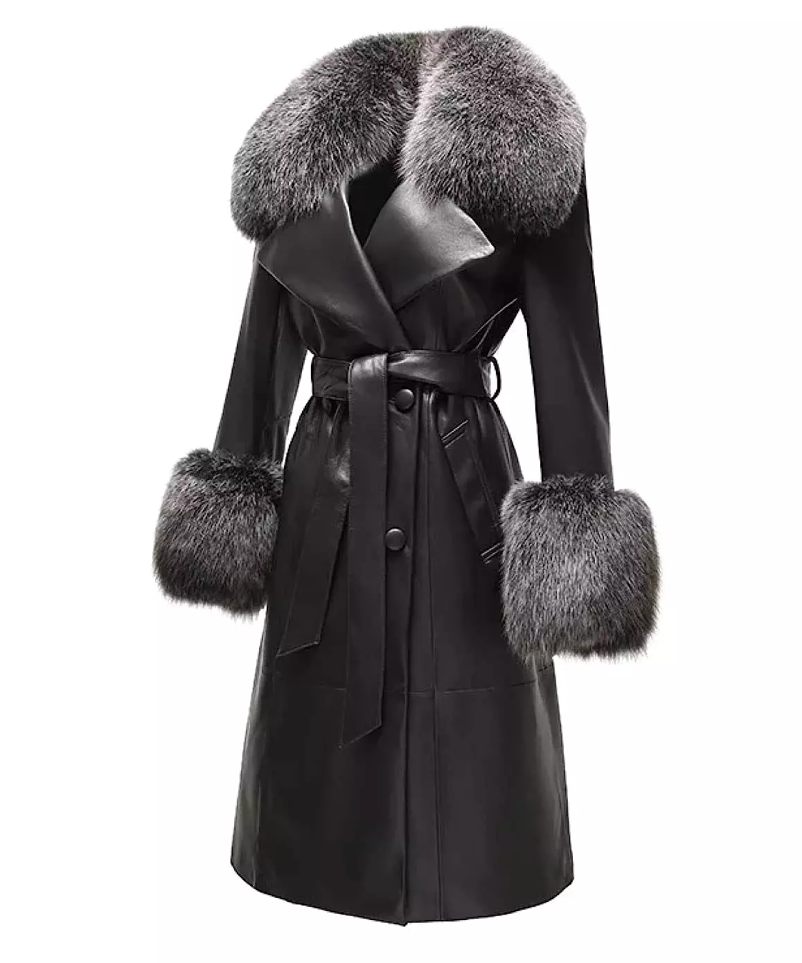 Genuine Sheepskin Leather Fox Fur Trimmed Coat In Black