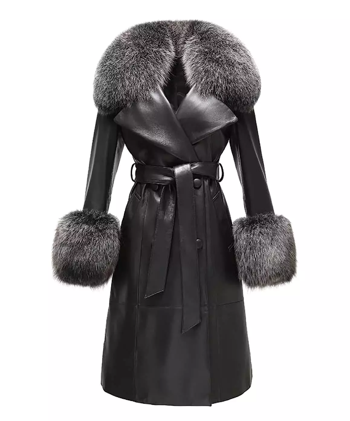 Genuine Sheepskin Leather Fox Fur Trimmed Coat In Coffee