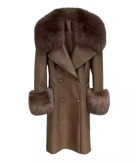 Genuine Sheepskin Leather Fox Fur Trimmed Coat In Coffee