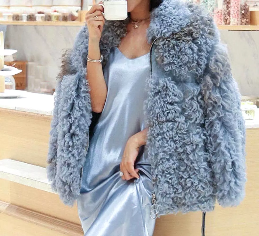 Genuine Studded Sheepskin Leather Dyed Sheep Fur Coat