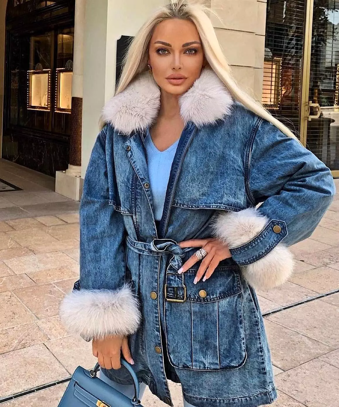 Goose Down Denim Coat With Fox Fur Trims