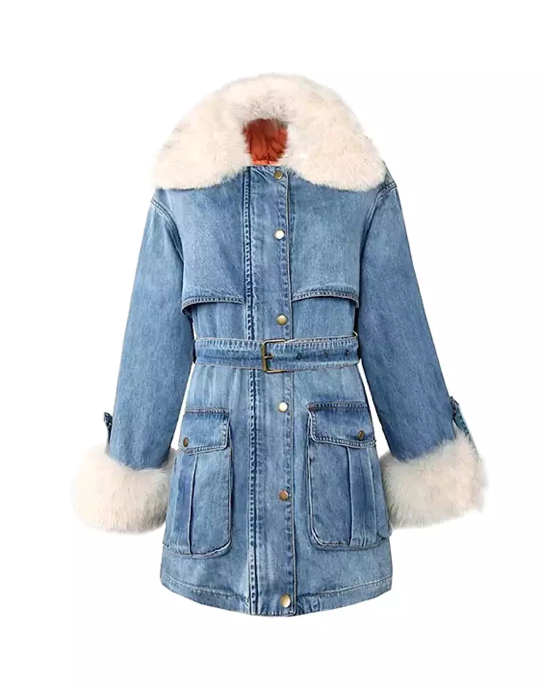 Goose Down Denim Coat With Fox Fur Trims