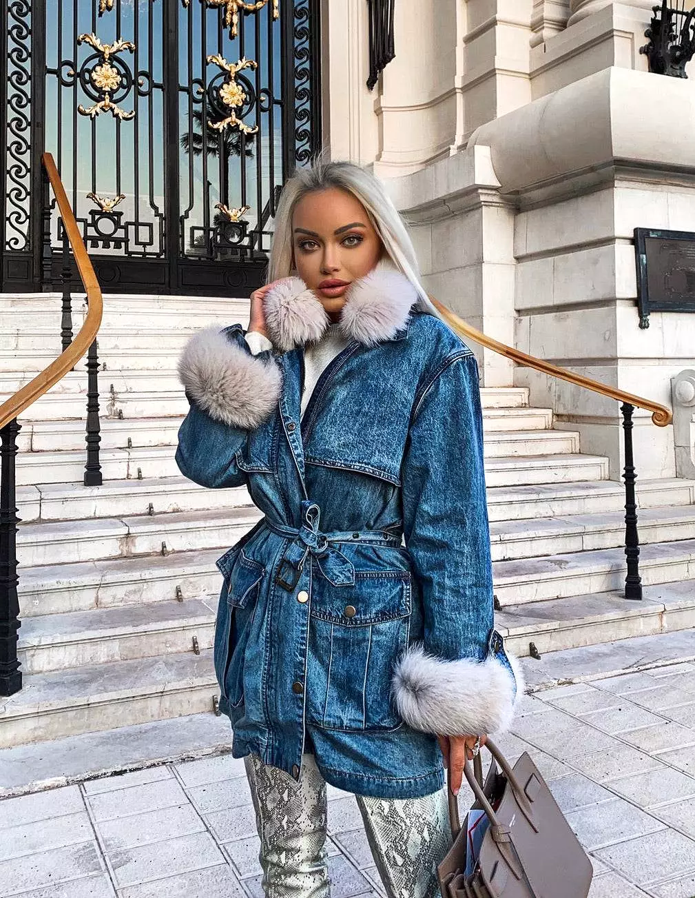 Goose Down Denim Coat With Fox Fur Trims