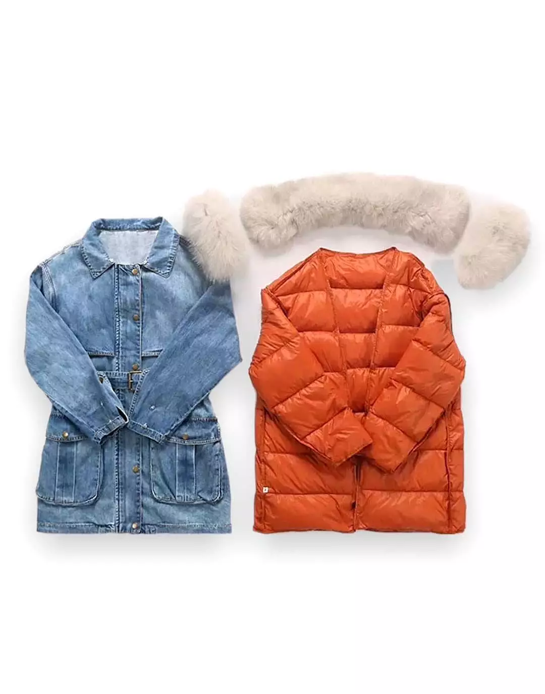 Goose Down Denim Coat With Fox Fur Trims