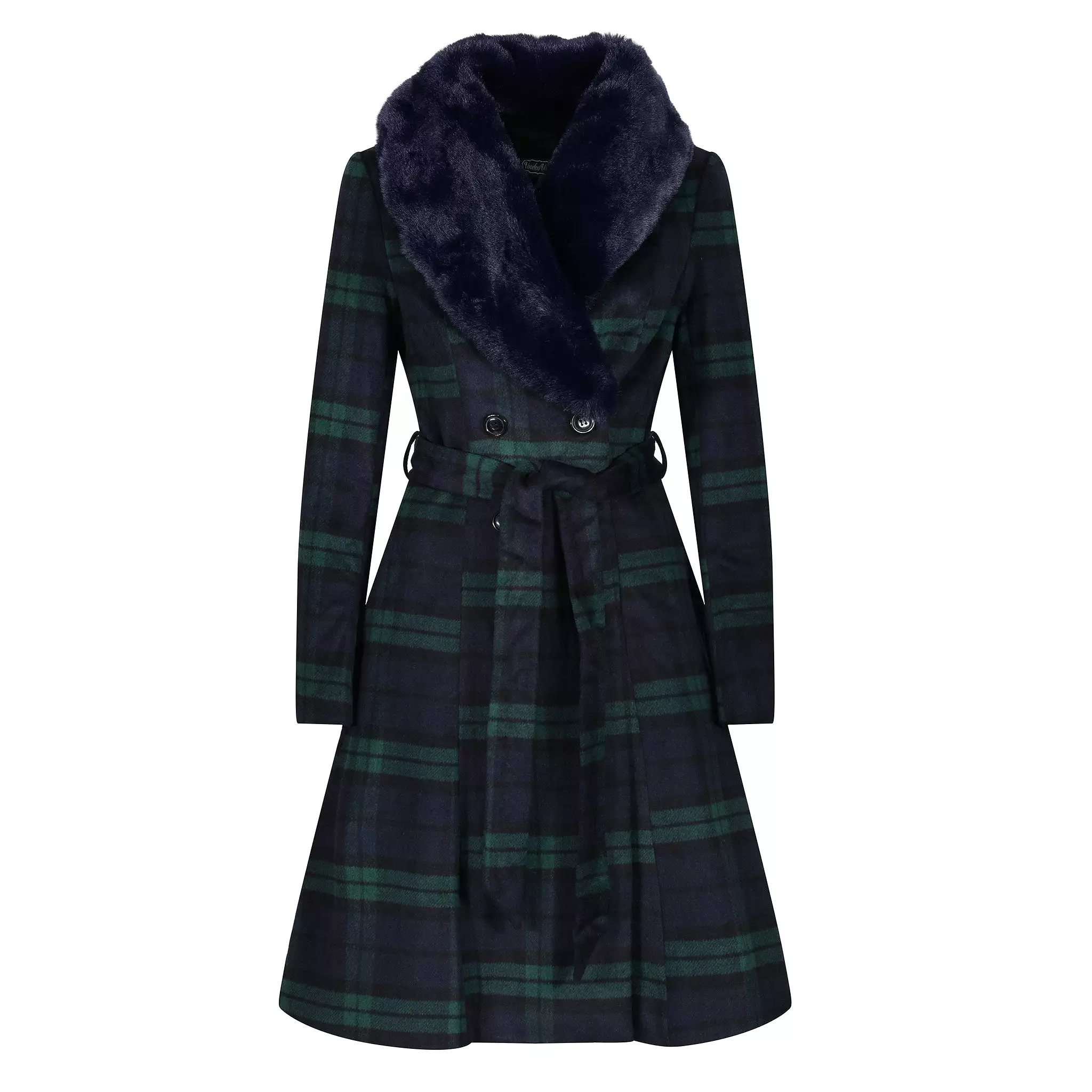 Green and Navy Tartan Faux Fur Trim Polywool Flare 50s Coat