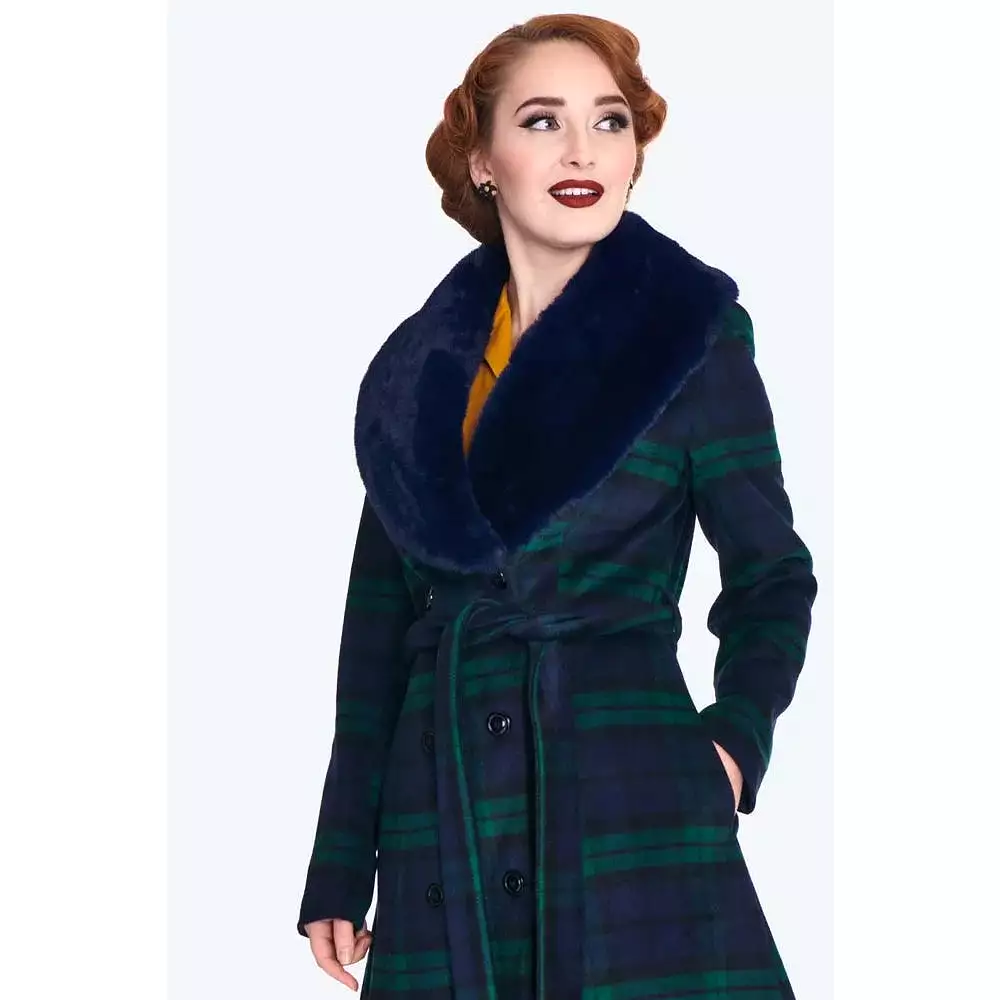 Green and Navy Tartan Faux Fur Trim Polywool Flare 50s Coat