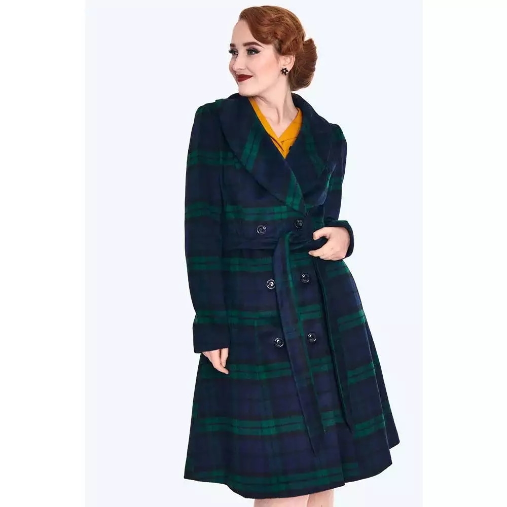 Green and Navy Tartan Faux Fur Trim Polywool Flare 50s Coat