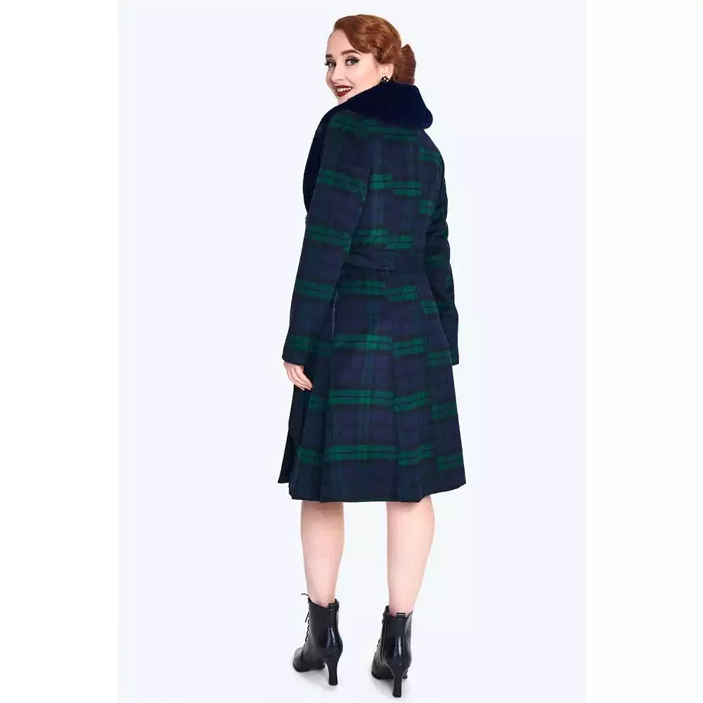 Green and Navy Tartan Faux Fur Trim Polywool Flare 50s Coat