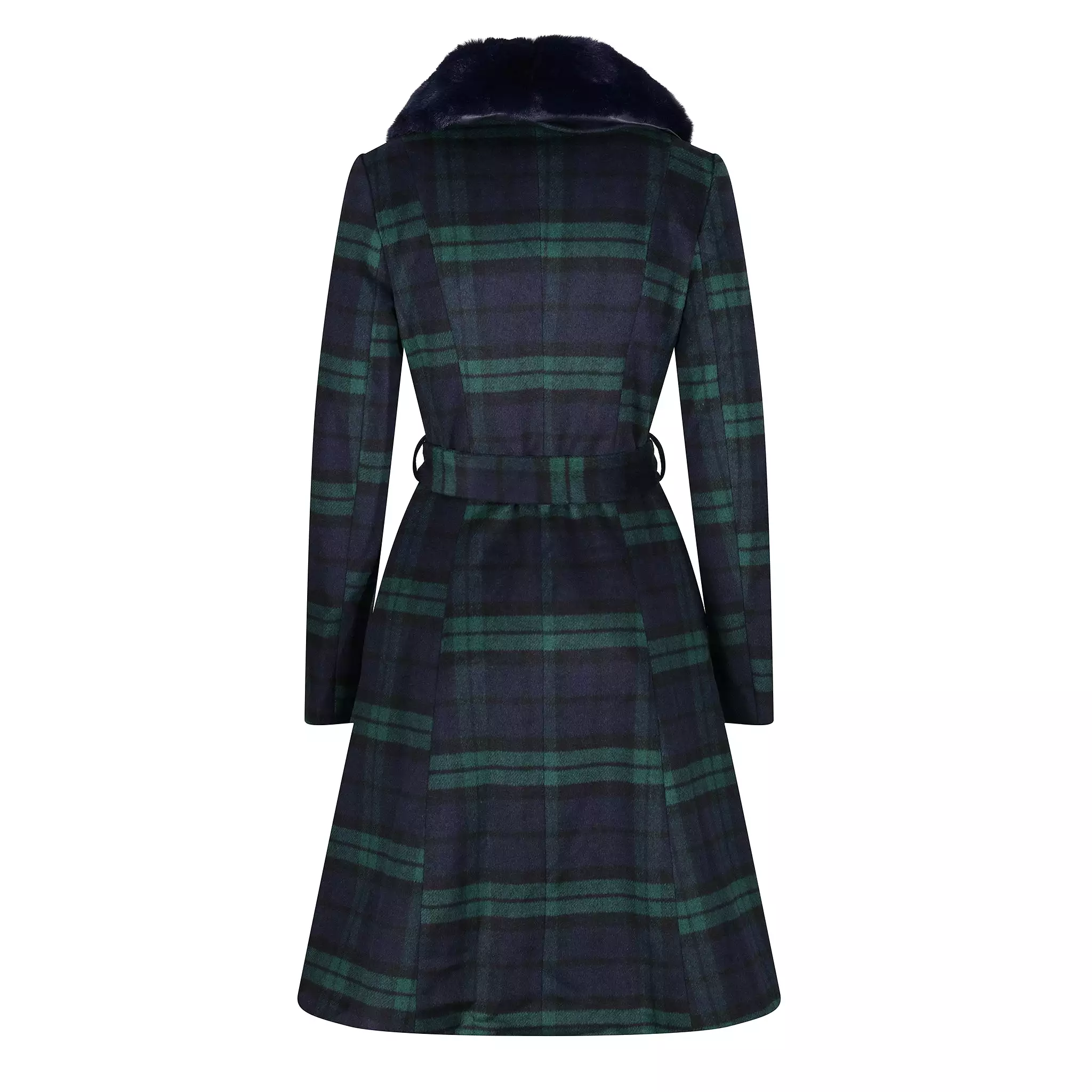 Green and Navy Tartan Faux Fur Trim Polywool Flare 50s Coat