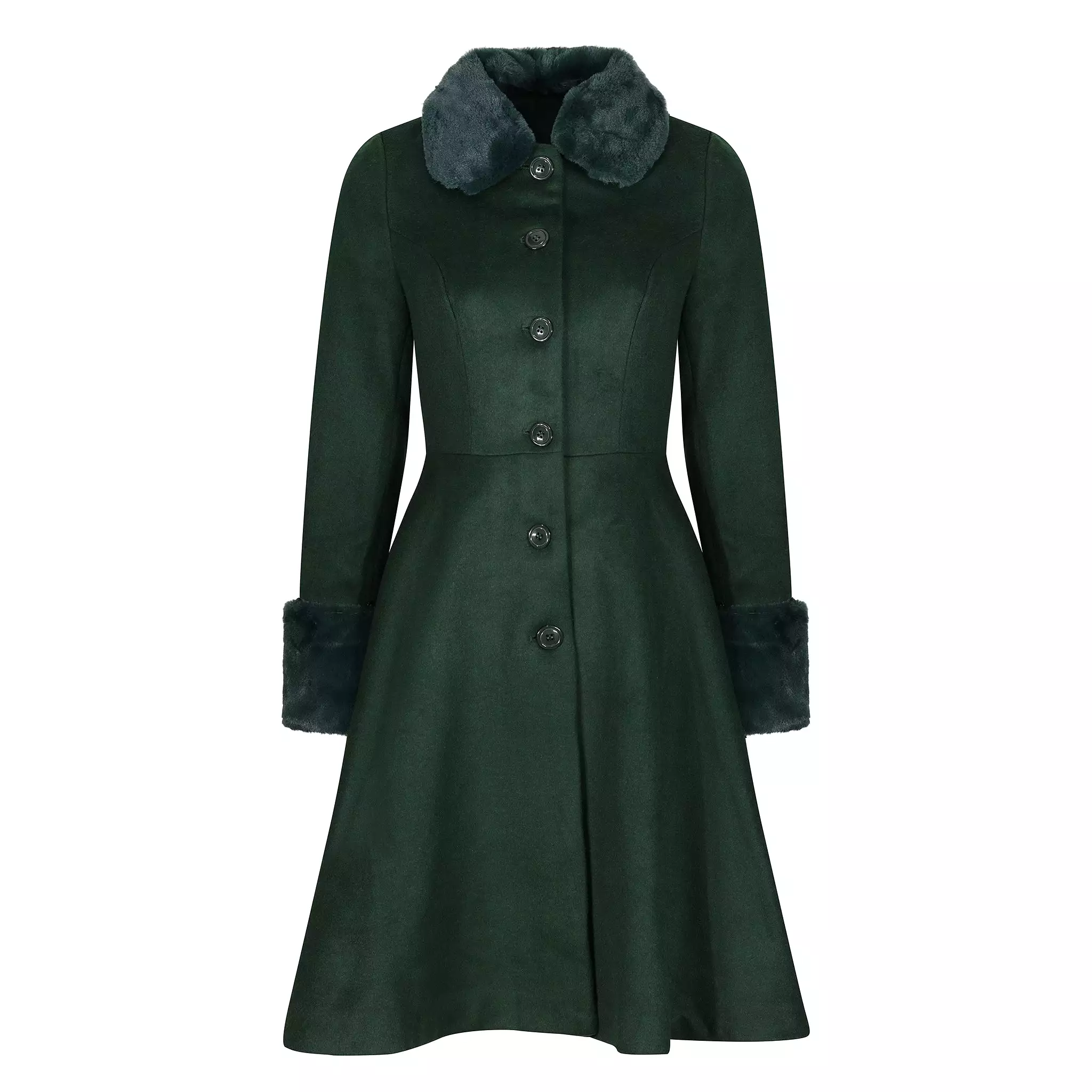 Green faux fur trim polywool flare 50s coat