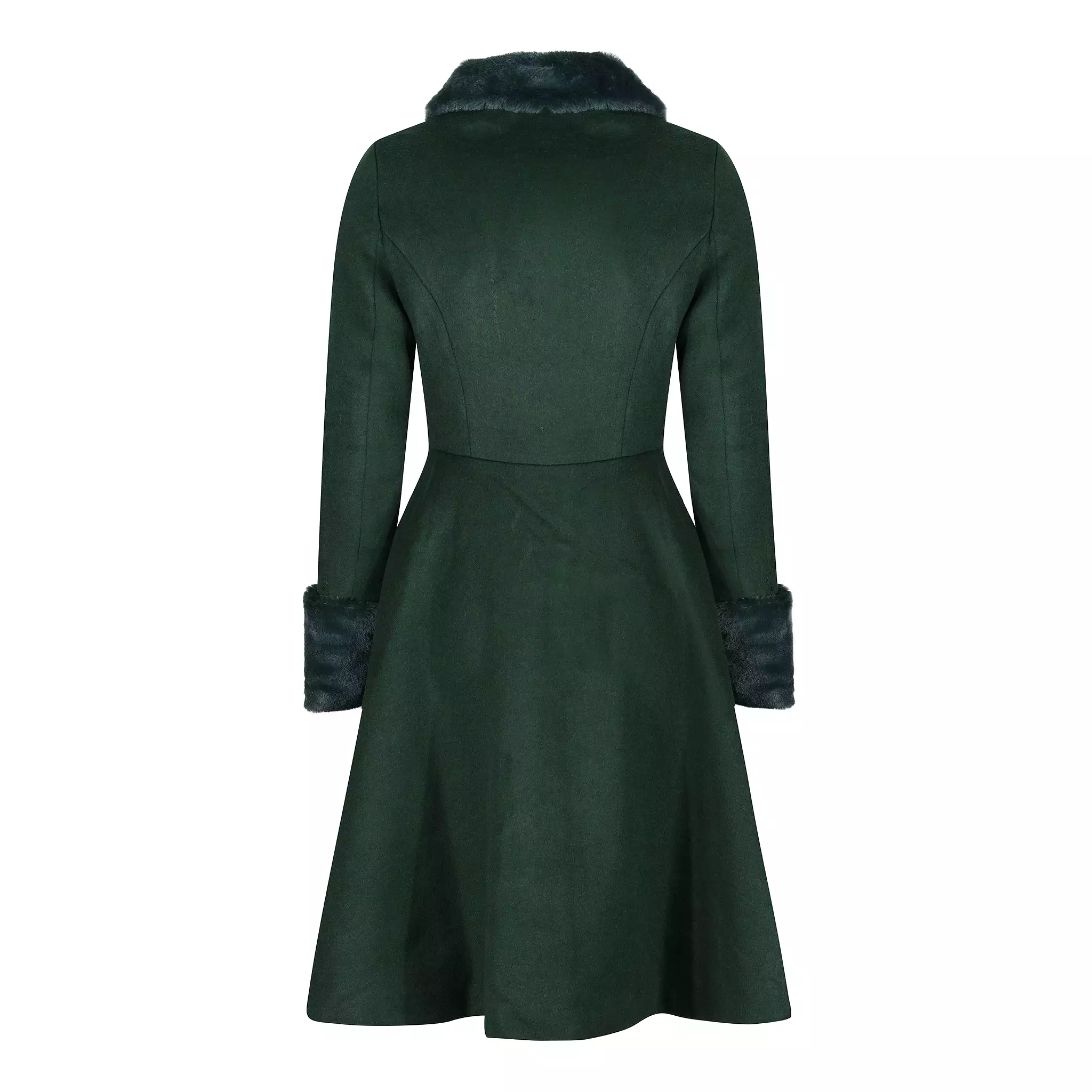 Green faux fur trim polywool flare 50s coat