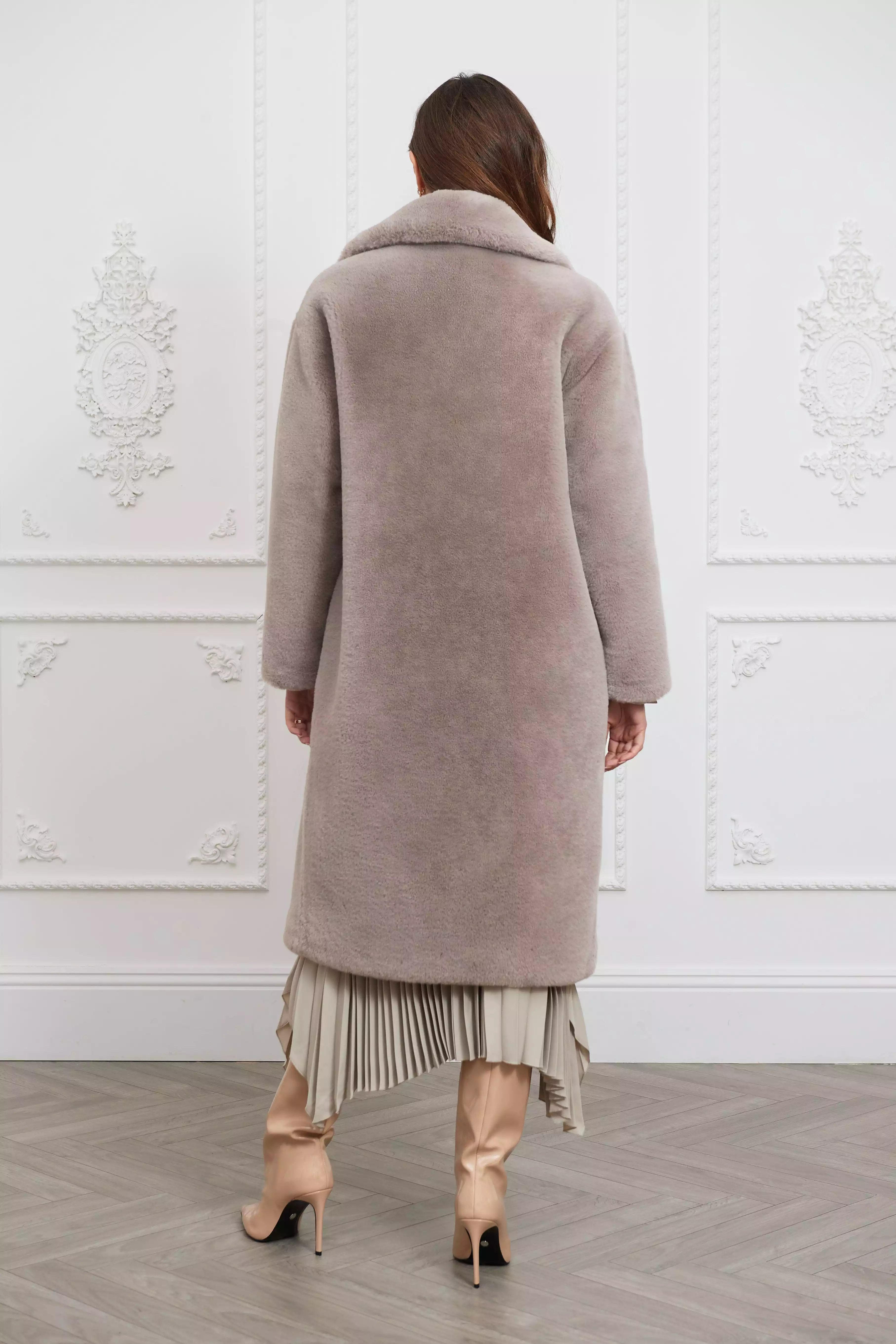 Greta Luxe Longline Recycled Vegan Fur Coat | Mink Grey