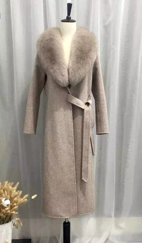 Long Wool Cashmere Coat With Removable Fox Fur Trims