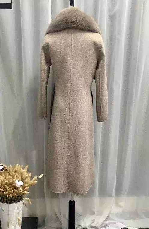 Long Wool Cashmere Coat With Removable Fox Fur Trims